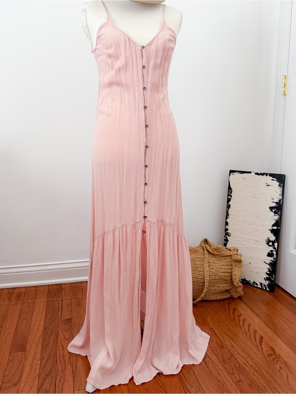 Billabong Blush Pink Maxi Dress | Button Front Boho Beach Dress Small